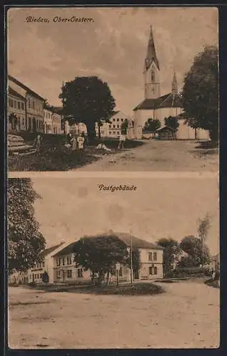 AK Riedau, Postgebäude, Platz mit Kirche