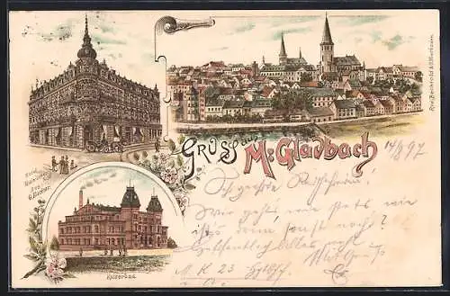 Lithographie M.-Gladbach, Hotel Rheinischer Hof, Bes. G. Hacker, Kaiserbad, Panorama