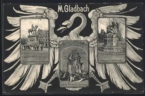 AK M.-Gladbach, Kaiser Wilhelm-Denkmal, Kaiser Friedrich-Denkmal und Kriegerdenkmal im Schwanen-Passepartout