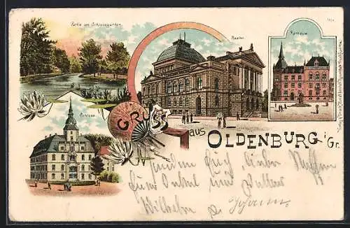 Lithographie Oldenburg / O., Theater, Rathaus und Partie am Schlossgarten