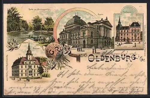 Lithographie Oldenburg / Oldenburg, Schloss, Theater und Rathaus