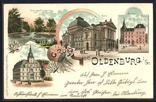 Lithographie Oldenburg / O., Schloss, Partie am Schlossgarten, Rathaus, Theater