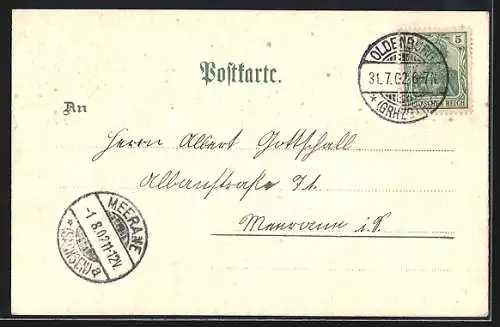 Lithographie Oldenburg / O., Schloss, Partie am Schlossgarten, Rathaus, Theater