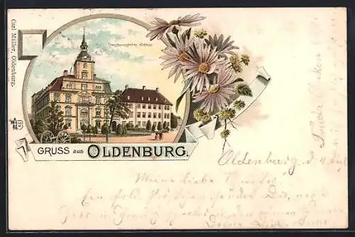 Vorläufer-Lithographie Oldenburg / O., 1894, Grossherzogliches Schloss im Blumen-Passepartout