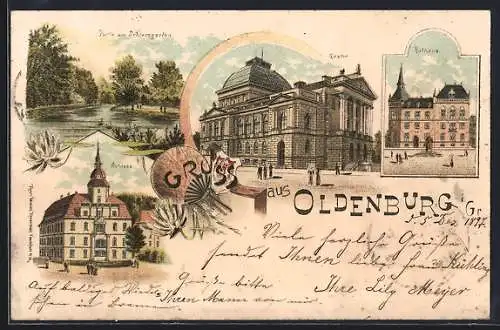 Lithographie Oldenburg / O., Theater, Rathaus und Partie am Schlossgarten