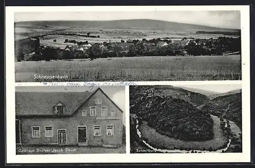 AK Schneppenbach / Hunsrück, Gasthaus von Javob Staudt, Schmitburg und Totalansicht