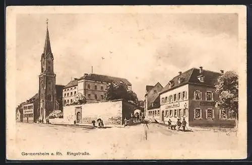 Künstler-AK Eugen Felle: Germersheim a. Rh., Ringstrasse mit Kirche