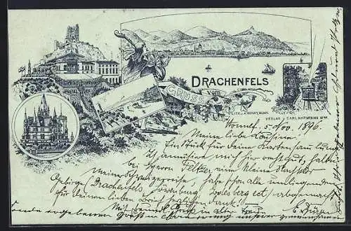 Lithographie Drachenfels, Hotel auf dem Drachenfels von Carl Harmening Wwe., Ruine, Panorama, Minnesänger mit Laute