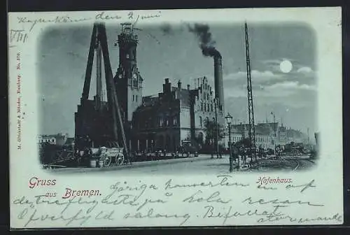 Mondschein-AK Bremen, Hafenhaus mit Strassenpartie