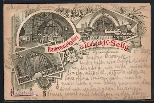 Lithographie Lübeck, Gasthaus Rathsweinkeller E. Selig, Innenansichten mit Buffet