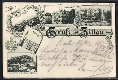 Vorläufer-AK Zittau, 1893, K. Postamt, Weinau-Park, Rathaus und Totalansicht