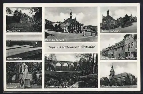 AK Hohenstein-Ernstthal, Gasthaus Klausmühle, Karl May-Strasse mit Karl May-Haus, Autobahnbrücke, Markt