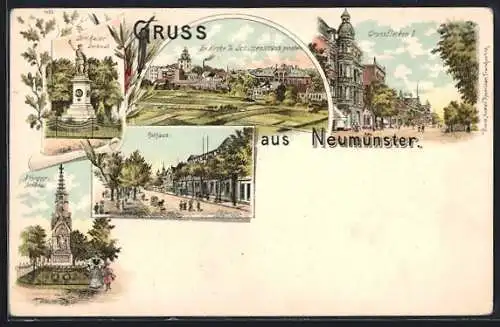 Lithographie Neumünster, Rathaus, Krieger-Denkmal