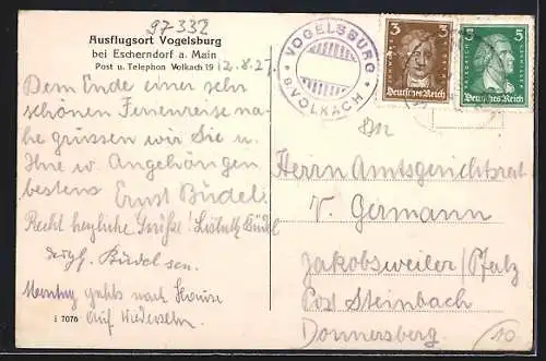 AK Volkach, Blick zum Kloster Vogelsburg, Spezialität der Vogelsburg