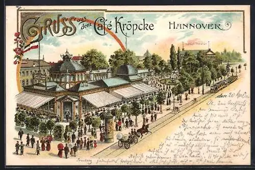 Lithographie Hannover, Cafe Kröpcke, Litfasssäule, Strassenbahn, Pferdekutsche