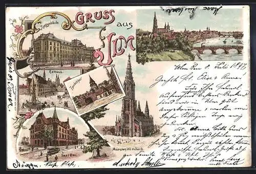 Lithographie Ulm / Donau, Zundeltor, Saalbau mit Strassenbahn, Justizgebäude und Stadtwappen