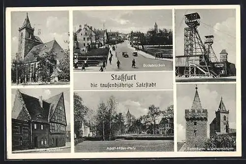 AK Stassfurt, Fördertürme, Bodebrücken, Johanniskirche, Adler-Apotheke, Platz, Eulen- und Johannisturm