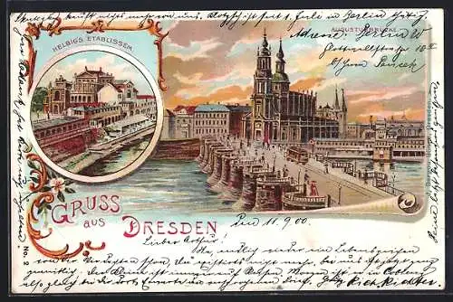 Lithographie Dresden, Augustusbrücke, Helbig`s Etablissement