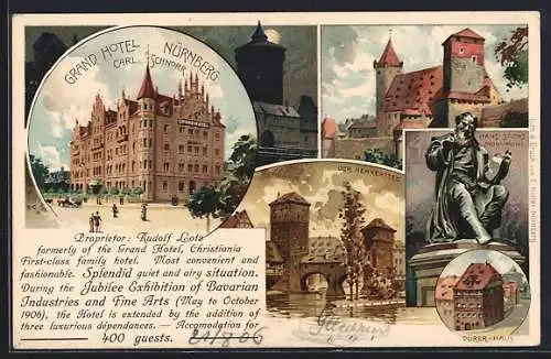 Lithographie Nürnberg, Henkersteg, Hans-Sachs-Monument, Dürer-Haus, Grand Hotel Nürnberg