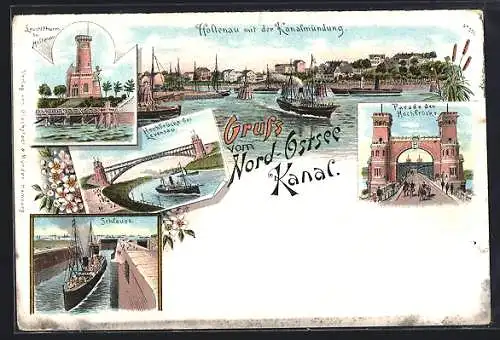 Lithographie Kiel, Kanalmündung Holtenau, Hochbrücke bei Levensau, Leuchtturm, Schleuse, Hochbrücke, Schiffe