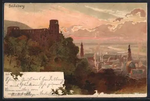 Künstler-AK Heinrich Kley: Heidelberg, Panorama bei Dämmerung