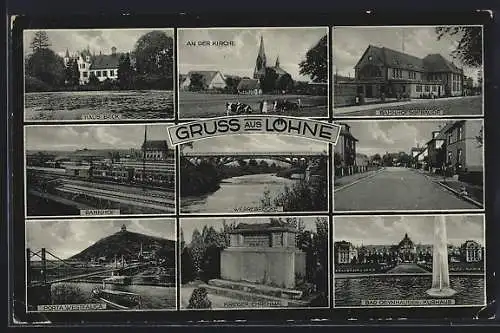 AK Löhne, Bahnhof mit Eisenbahn und Bahnhofsgebäude, 9 Ansichten