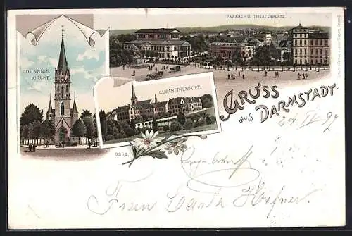 Lithographie Darmstadt, Elisabethenstift, Johannis-Kirche, Parade- und Theaterplatz