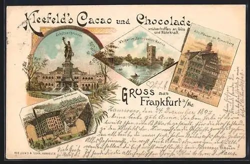 Lithographie Frankfurt-Ostend, Etablissement Kleefeld, Schützenbrunnen, Reklame für Kleefeld`s Cacao