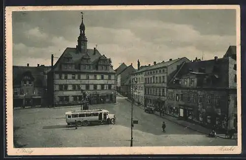 AK Penig, Markt mit Rathaus und Bus