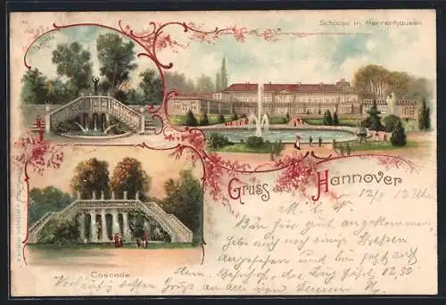 Lithographie Hannover-Herrenhausen, Schloss mit Sprungbrunnen-Teich, Grotte, Casacade, Blumen, um 1900