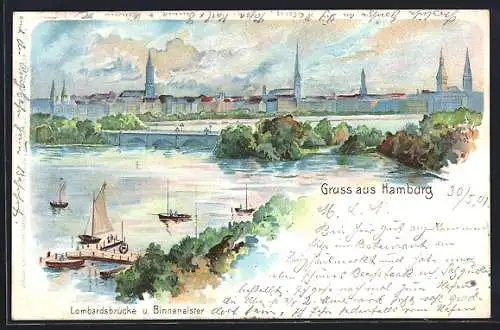 Lithographie Hamburg-Neustadt, Lombardsbrücke und Binnenalster