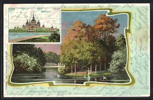 Lithographie Bremen, Hachezbrücke i. Bürgerpark, Parkhaus