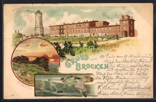 Lithographie Brocken, Teufelskanzel und Hexenaltar, Brockenhaus, Hexen fliegen auf den Besen