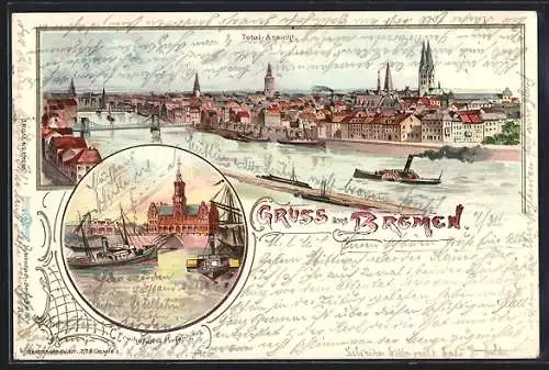 Lithographie Bremen, Freihafen-Hafenhaus, Ortspanorama mit Dampfer