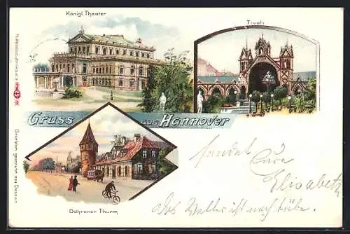 Lithographie Hannover, Königl. Theater, Tivoli, Döhrener Turm