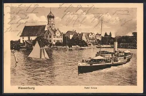 AK Wasserburg / Bodensee, Dampfer- und Segelbootpartie am Hotel Krone