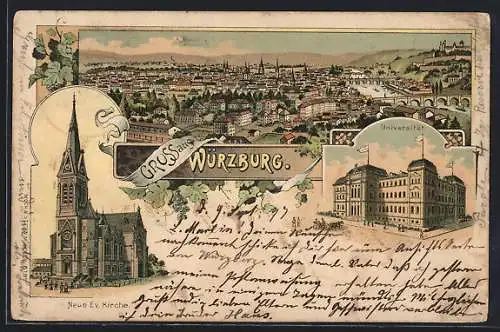 Lithographie Würzburg, Universität, Ev. Kirche, Ortsansicht