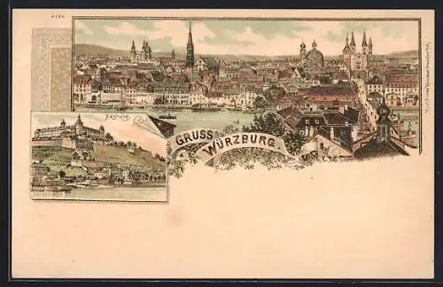 Lithographie Würzburg, Festung und Ortspanorama