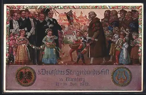 AK Nürnberg, VIII. Deutsches Sängerbundfest 1912, geschmückte Kinder, Harfe, Wappen