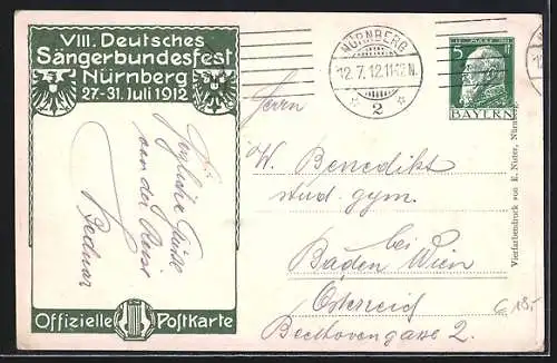 AK Nürnberg, VIII. Deutsches Sängerbundfest 1912, geschmückte Kinder, Harfe, Wappen