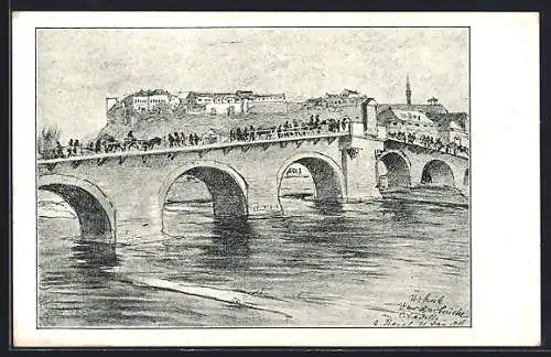 Künstler-AK Skopje / Ueskueb, Ortspartie an der Vardarbrücke