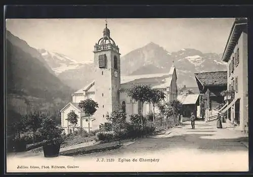 AK Champery, Eglise, Blick auf Gebirgspanorama