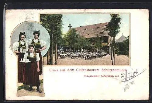 AK Pirkenhammer, Caférestaurant Schützenmühle und Kellnerinnen in Tracht