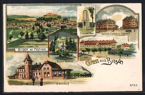 Lithographie Bitsch, der Bahnhof mit Eisenbahn, Kaserne I., Preussen-Stein, Kaserne Freiherr von Falkenstein