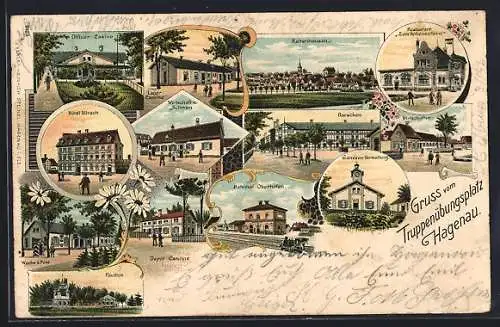 Lithographie Hagenau, Hotel Hirsch, Gasthaus zum Schwan, Bahnhof-Oberhofen, Wache & Post