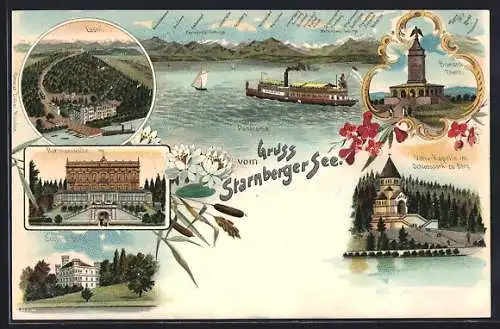 Lithographie Starnberg, Votiv-Kapelle im Schlosspark zu Berg, Rottmannshöhe, Leoni