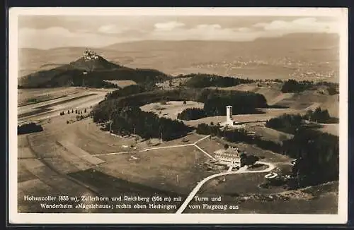 AK Hechingen, Teilansicht mit Wanderheim Nägelehaus, Hohenzoller und Zellerhorn, Fliegeraufnahme