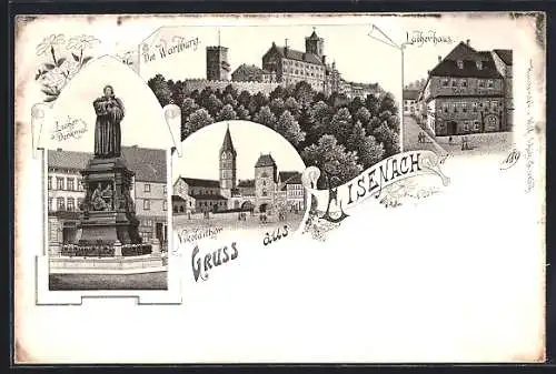 Lithographie Eisenach, Luther-Denkmal, Nikolaithor, Lutherhaus, Blick zur Wartburg