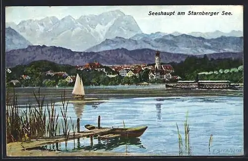 AK Seeshaupt, Blick zum Ort vom Starnberger See