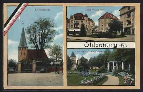 AK Oldenburg /Gr., Kirche und Kirchhofslinde, Julius-Mosen-Platz, Cäcilien-Platz mit Brunnen